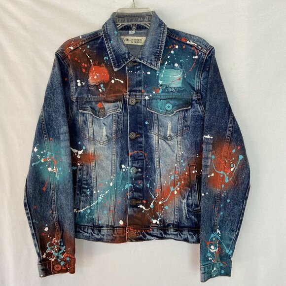 Evolution in Design Denim Jean Jacket Teen Boys Size Small Paint Splatter - Picture 1 of 16